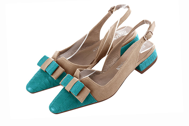 Turquoise blue and tan beige women's open back shoes, with a knot. Tapered toe. Flat block heels. Front view - Florence KOOIJMAN